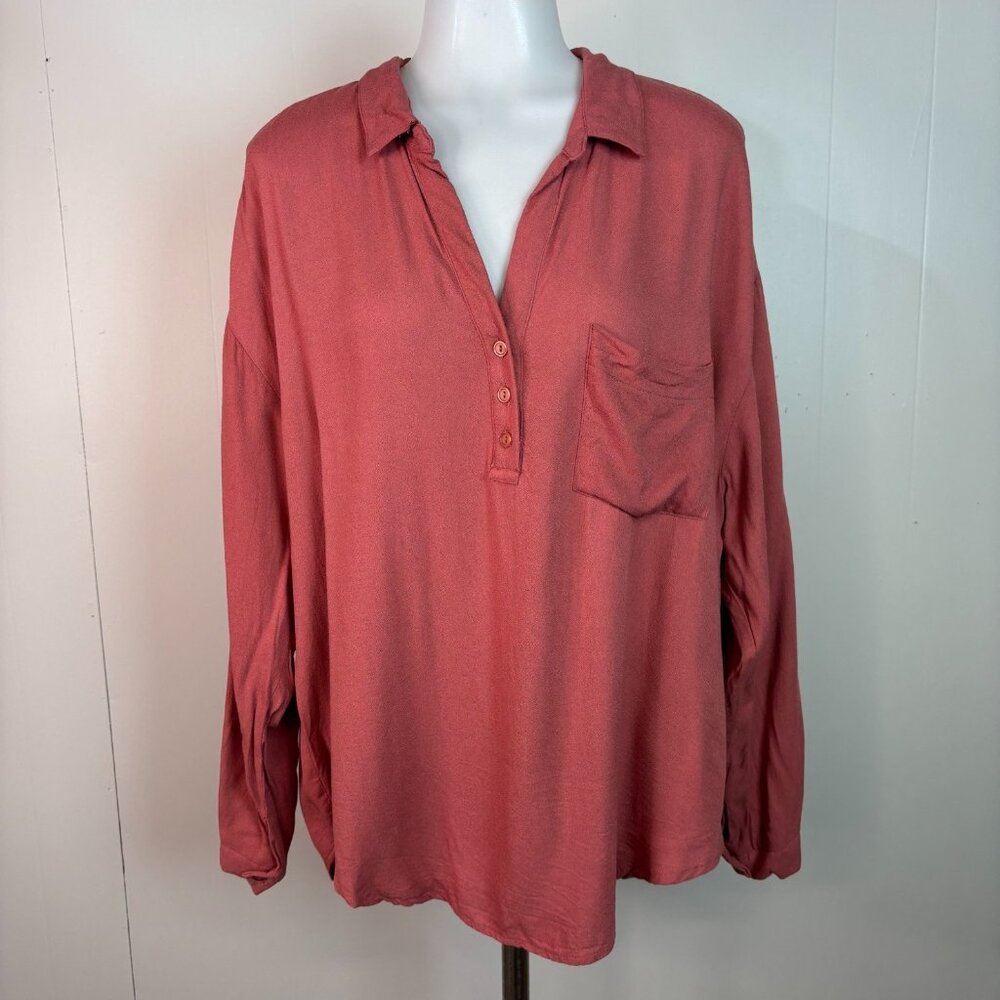 LUSH Top XL Rose Pink Collared Popover Blouse Long Sleeve Women's - Picture 1 of 8